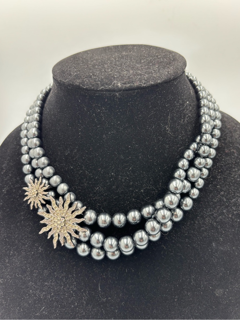 Vintage Triple Strand Gray Pearl Starburst Rhinestone Statement Choker Necklace